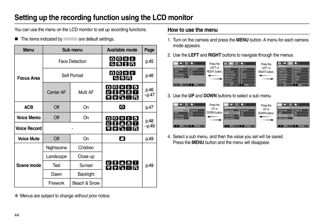 Samsung EC-L210ZSDA/AS, EC-L210B01KFR manual Setting up the recording function using the LCD monitor, How to use the menu 