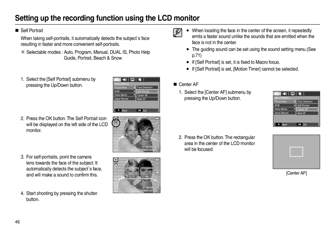 Samsung EC-L210ZBDB/AS manual „ Self Portrait, Pressing the Up/Down button, Monitor, For self-portraits, point the camera 