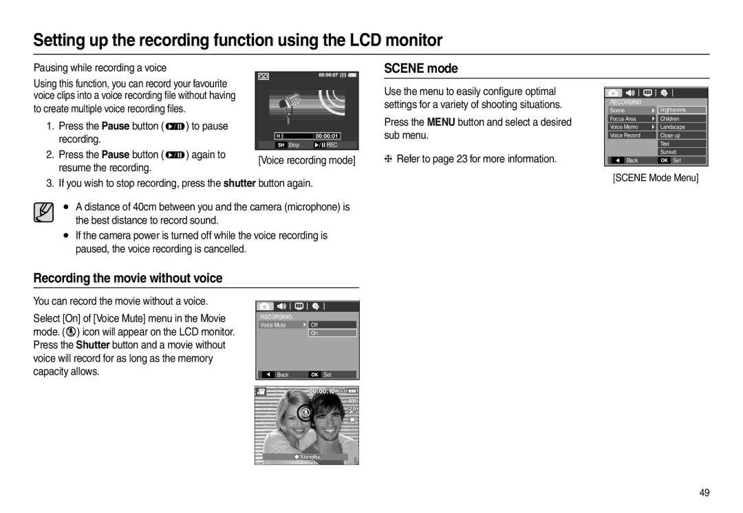 Samsung EC-L210ZBBA/VN Scene mode, Recording the movie without voice, Pausing while recording a voice, Scene Mode Menu 