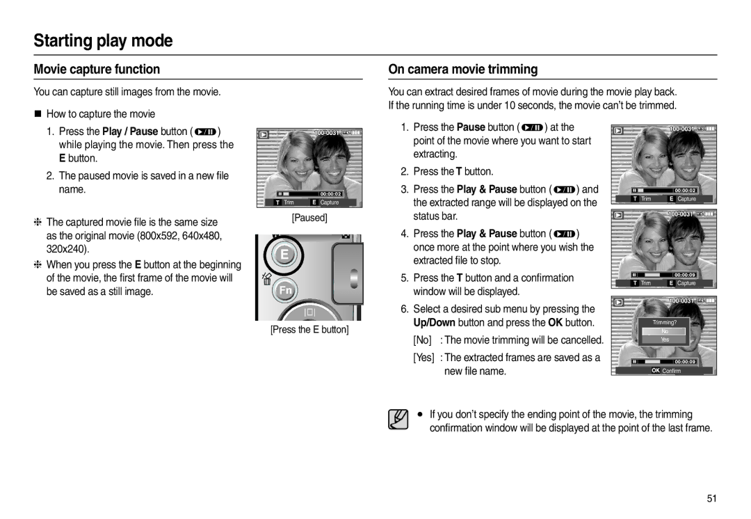 Samsung EC-L210ZRDC/AS Movie capture function On camera movie trimming, You can capture still images from the movie, Name 