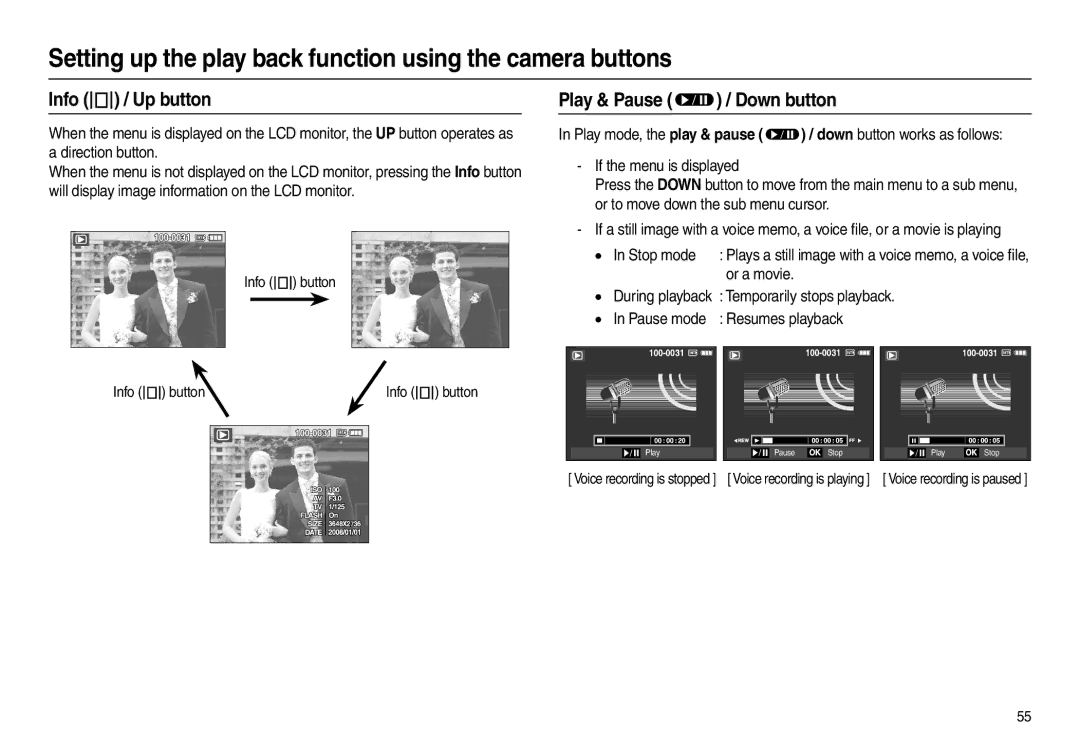 Samsung EC-L210ZBBA/RU, EC-L210B01KFR, EC-L210ZUDA/E3, EC-L210ZSDA/E3 manual Info  / Up button, Play & Pause  / Down button 