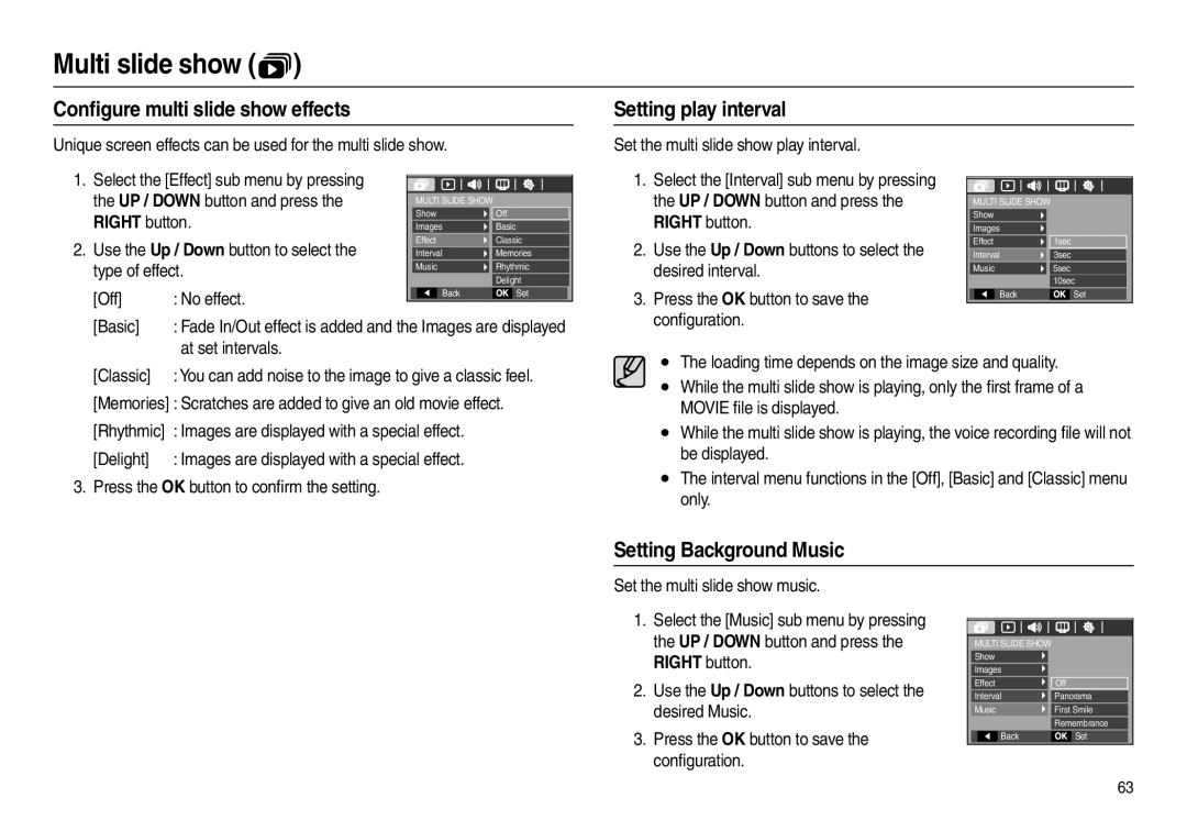 Samsung EC-L210ZRDA/E3, EC-L210B01KFR Conﬁgure multi slide show effects Setting play interval, Setting Background Music 