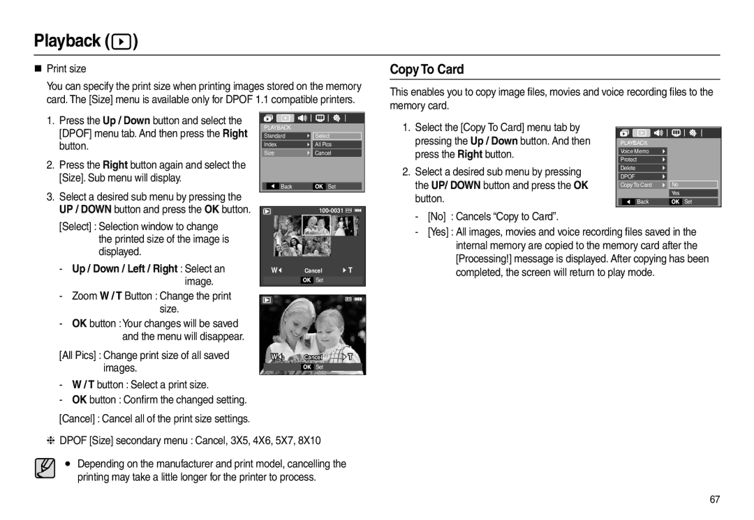 Samsung EC-L210S01KFR, EC-L210B01KFR manual Copy To Card, „ Print size, Button, Printed size of the image is displayed 