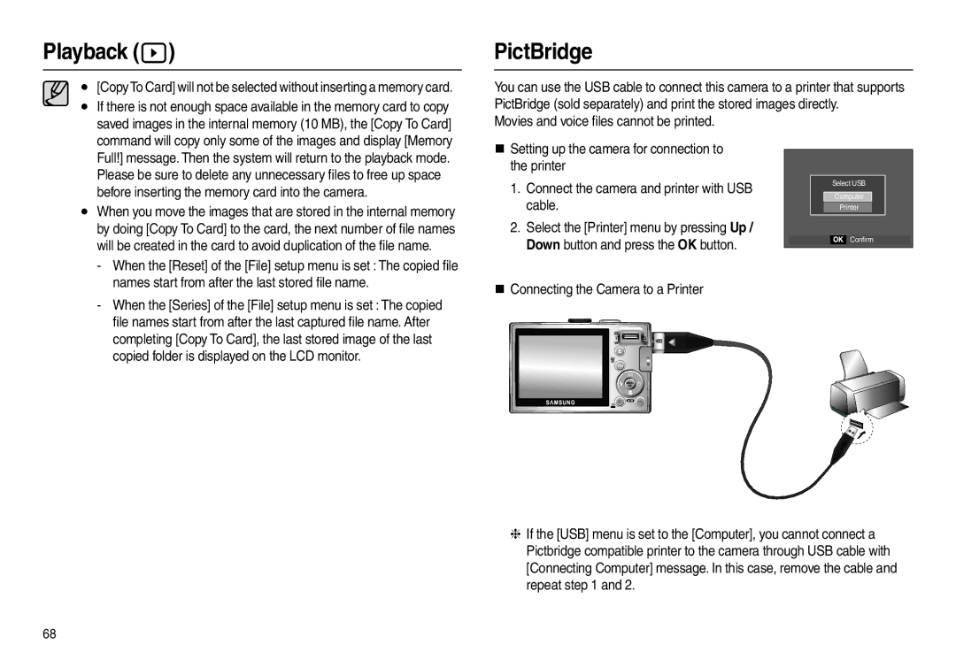 Samsung EC-L210ZBDA/E3 PictBridge, Movies and voice ﬁles cannot be printed, Copied folder is displayed on the LCD monitor 