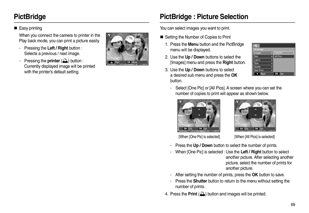 Samsung EC-L210R01KFR manual PictBridge Picture Selection, „ Easy printing, You can select images you want to print 