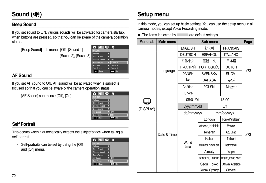 Samsung EC-L210ZSBA/E2, EC-L210B01KFR manual Setup menu, Beep Sound, AF Sound, Self Portrait, Menu tab Main menu Sub menu 