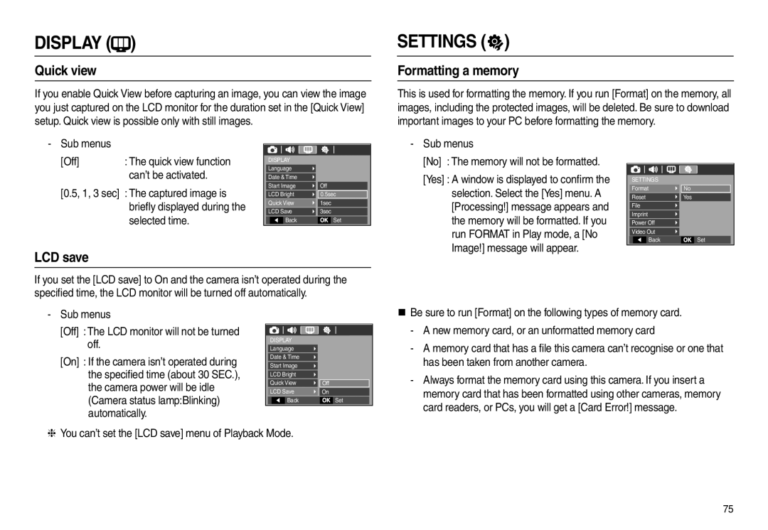 Samsung EC-L210ZRBA/FR, EC-L210B01KFR, EC-L210ZUDA/E3, EC-L210ZSDA/E3 manual Quick view, Formatting a memory, LCD save 