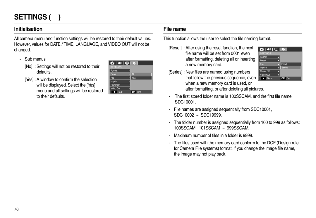 Samsung EC-L210ZSBB/E1, EC-L210B01KFR, EC-L210ZUDA/E3, EC-L210ZSDA/E3 manual Initialisation, File name, New memory card 