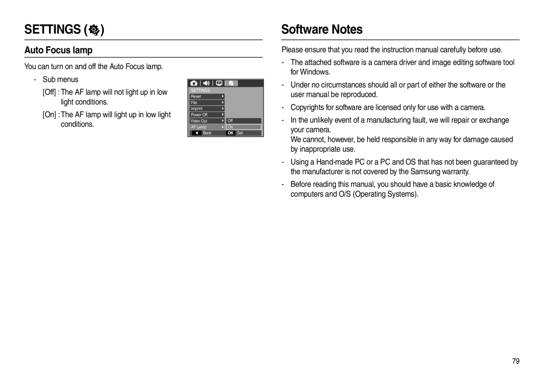 Samsung EC-L210ZPBC/E1, EC-L210B01KFR, EC-L210ZUDA/E3 manual Software Notes, You can turn on and off the Auto Focus lamp 