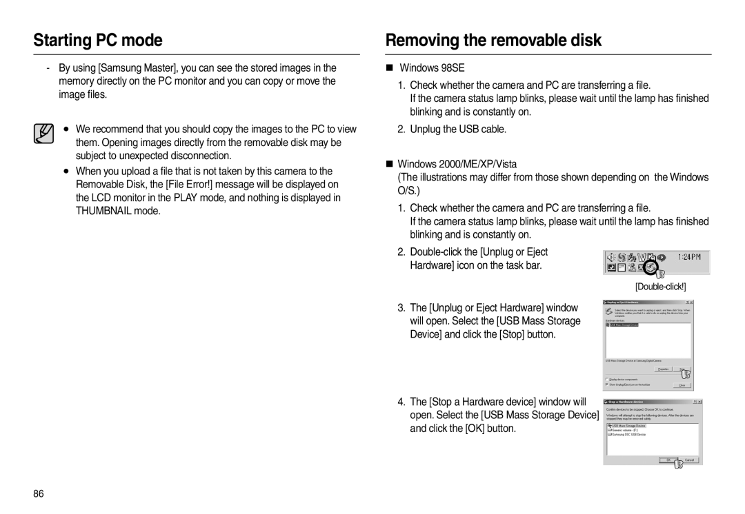 Samsung EC-L210ZUBA/IT, EC-L210B01KFR, EC-L210ZUDA/E3, EC-L210ZSDA/E3 manual Removing the removable disk, Double-click 