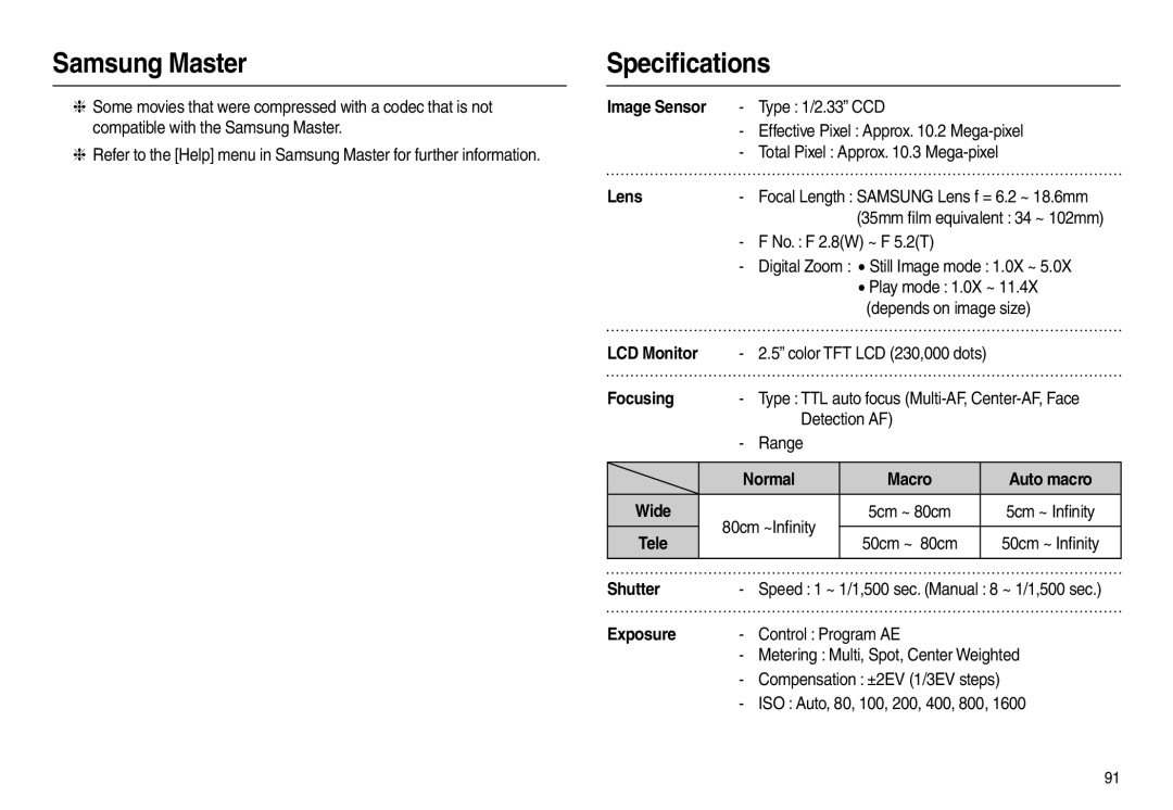 Samsung EC-L210ZBBA/AS, EC-L210B01KFR, EC-L210ZUDA/E3, EC-L210ZSDA/E3, EC-L210ZRDA/E3, EC-L210ZRBA/E2 manual Speciﬁcations 