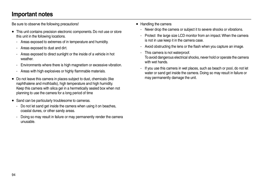 Samsung EC-L210ZSBB/AS, EC-L210B01KFR manual Important notes, Areas with high explosives or highly ﬂammable materials 