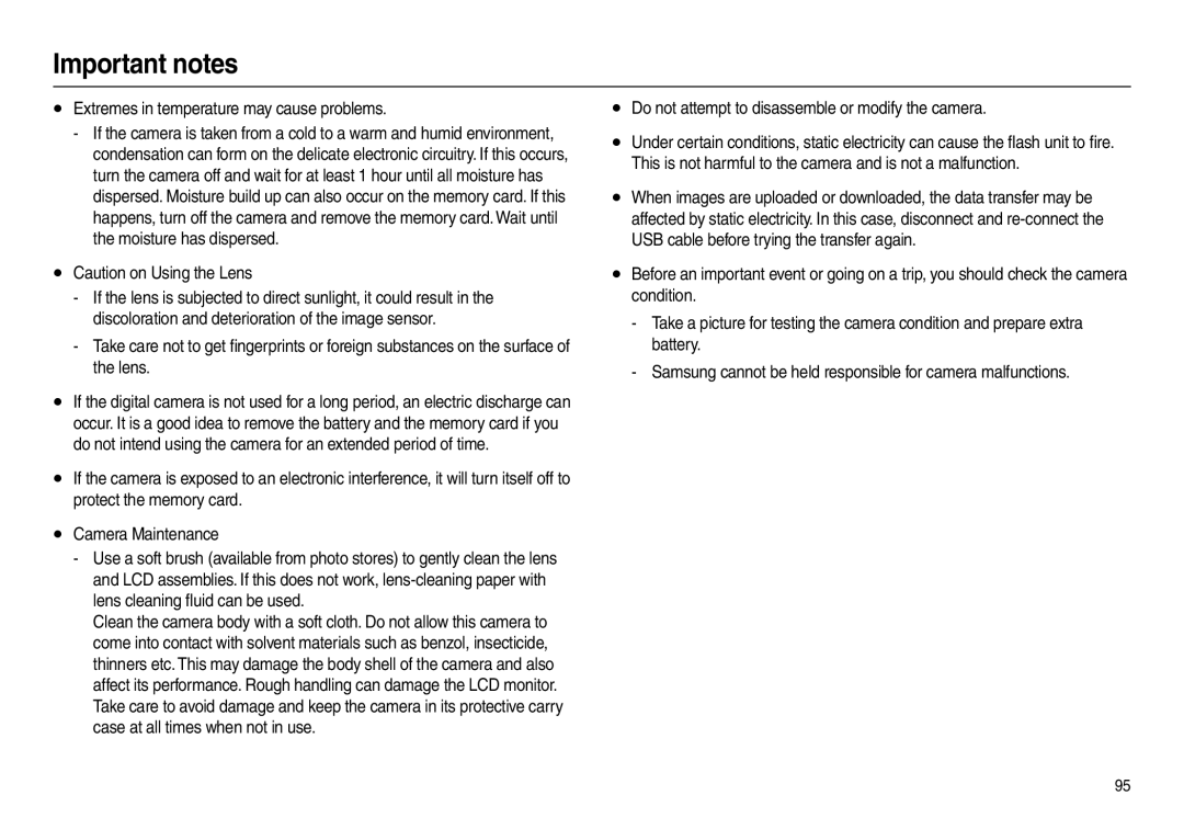 Samsung EC-L210ZUBB/E1 Extremes in temperature may cause problems, Do not attempt to disassemble or modify the camera 