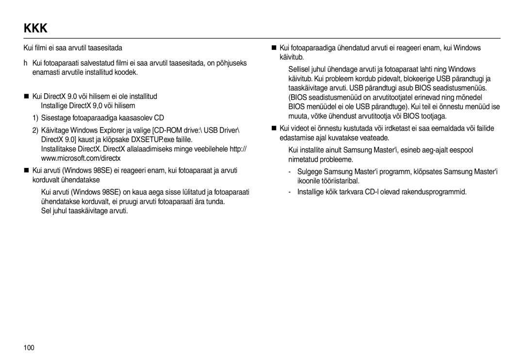 Samsung EC-L210ZSBA/LV, EC-L210ZSBA/RU, EC-L210ZBBA/LV, EC-L210ZRBA/RU manual Sisestage fotoaparaadiga kaasasolev CD, 100 