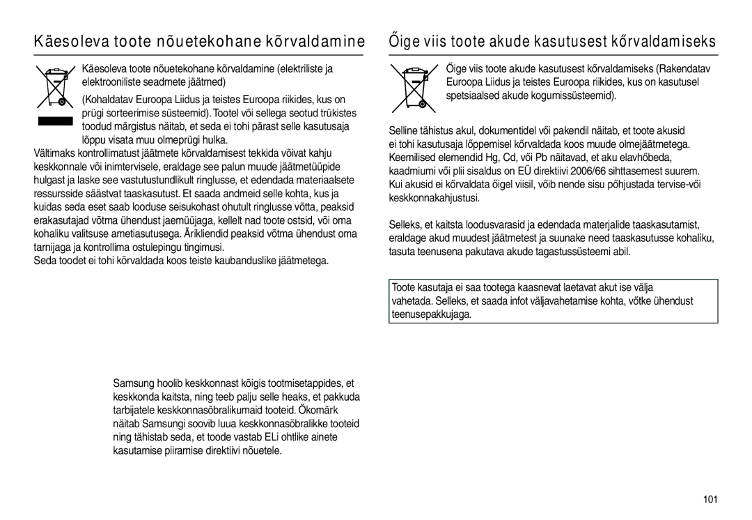 Samsung EC-L210ZSBA/RU, EC-L210ZBBA/LV, EC-L210ZRBA/RU, EC-L210ZBBA/RU manual Käesoleva toote nõuetekohane kõrvaldamine, 101 