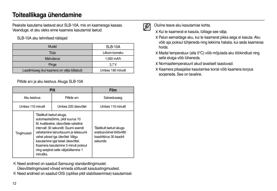 Samsung EC-L210ZBBA/LV, EC-L210ZSBA/RU manual Toiteallikaga ühendamine, „ SLB-10A aku tehnilised näitajad, Pilt Film 