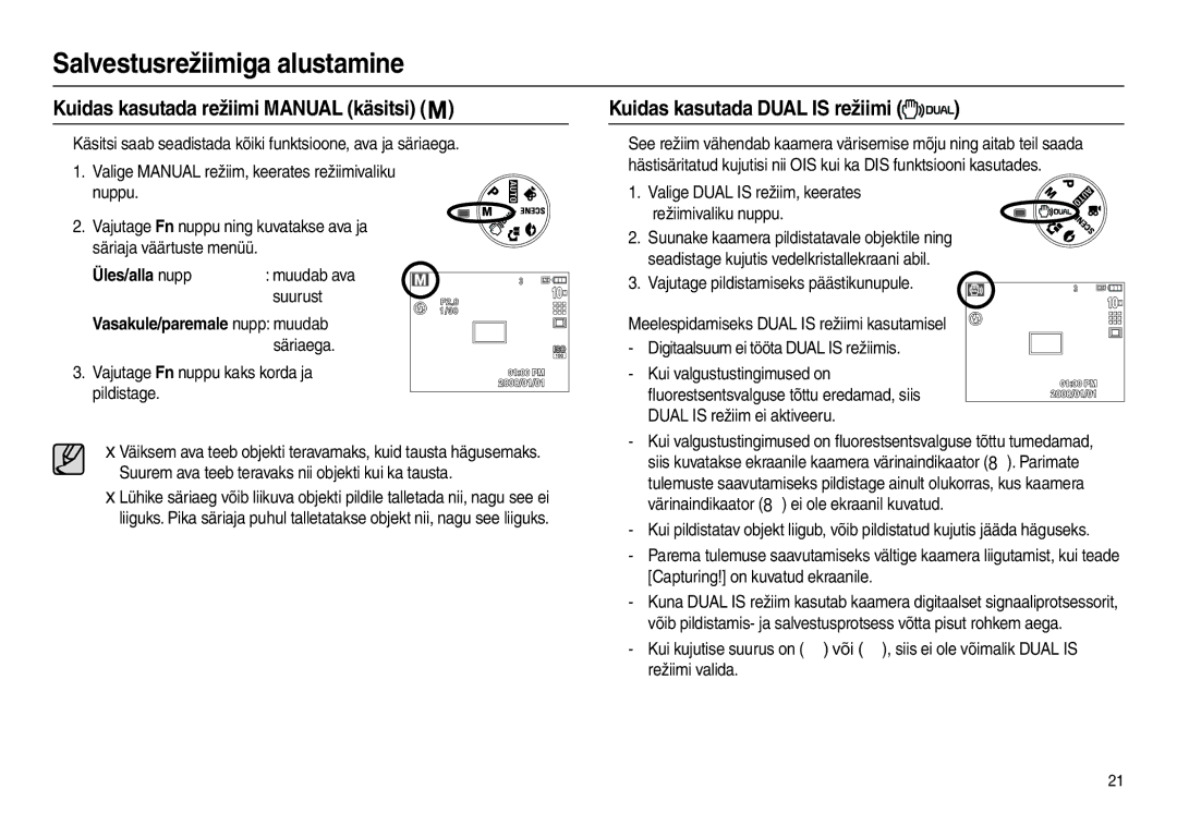 Samsung EC-L210ZRBA/LV manual Kuidas kasutada režiimi Manual käsitsi, Kuidas kasutada Dual is režiimi, Üles/alla nupp 