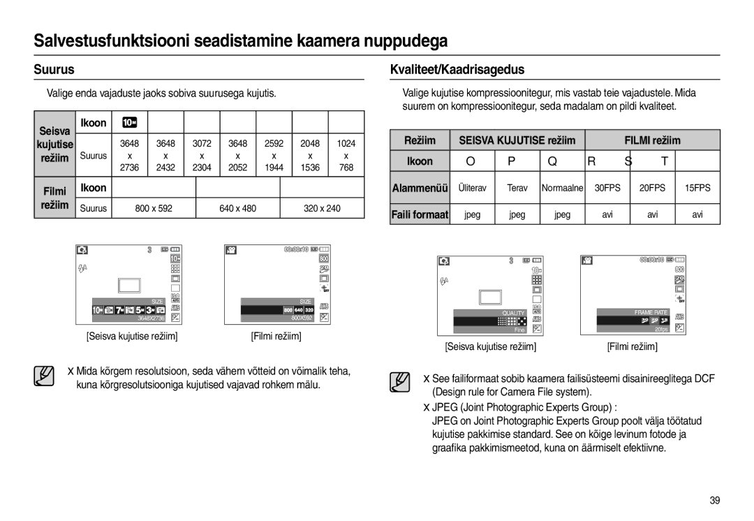 Samsung EC-L210ZRBA/LV manual Kvaliteet/Kaadrisagedus, Suurus, Režiim, Jpeg Joint Photographic Experts Group, Alammenüü 