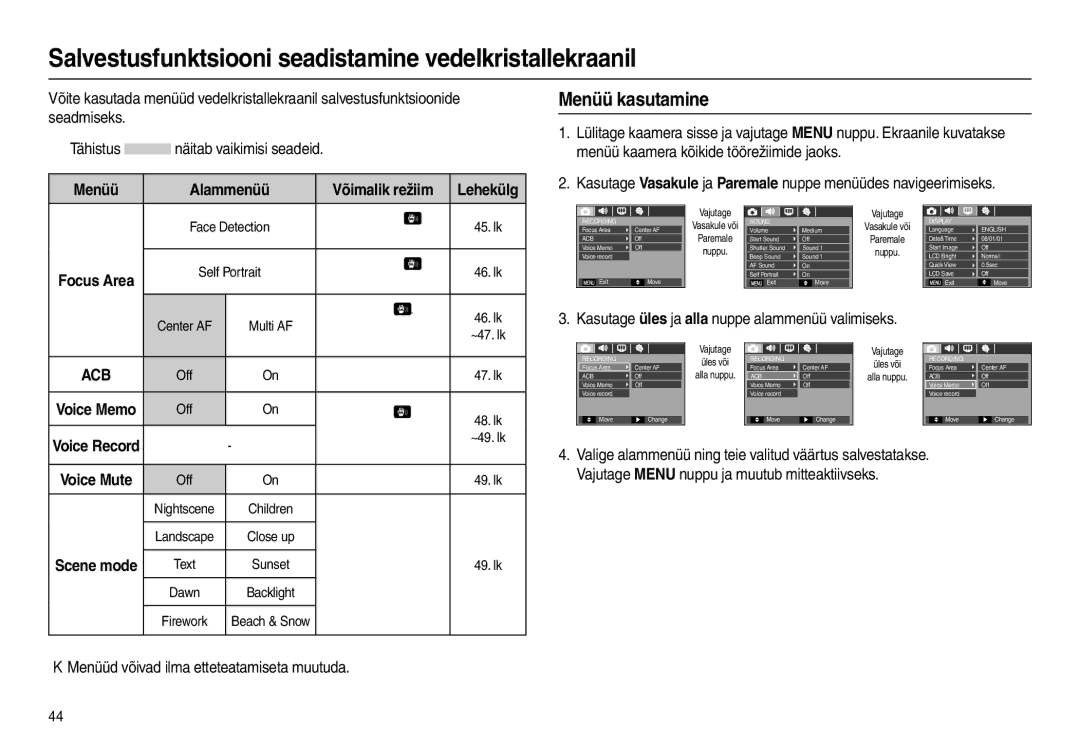 Samsung EC-L210ZBBA/RU, EC-L210ZSBA/RU manual Salvestusfunktsiooni seadistamine vedelkristallekraanil, Menüü kasutamine 