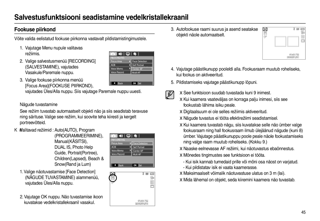 Samsung EC-L210ZRBA/LV, EC-L210ZSBA/RU Fookuse piirkond, Vajutage Menu nupule valitavas Režiimis, SALVESTAMINE, vajutades 