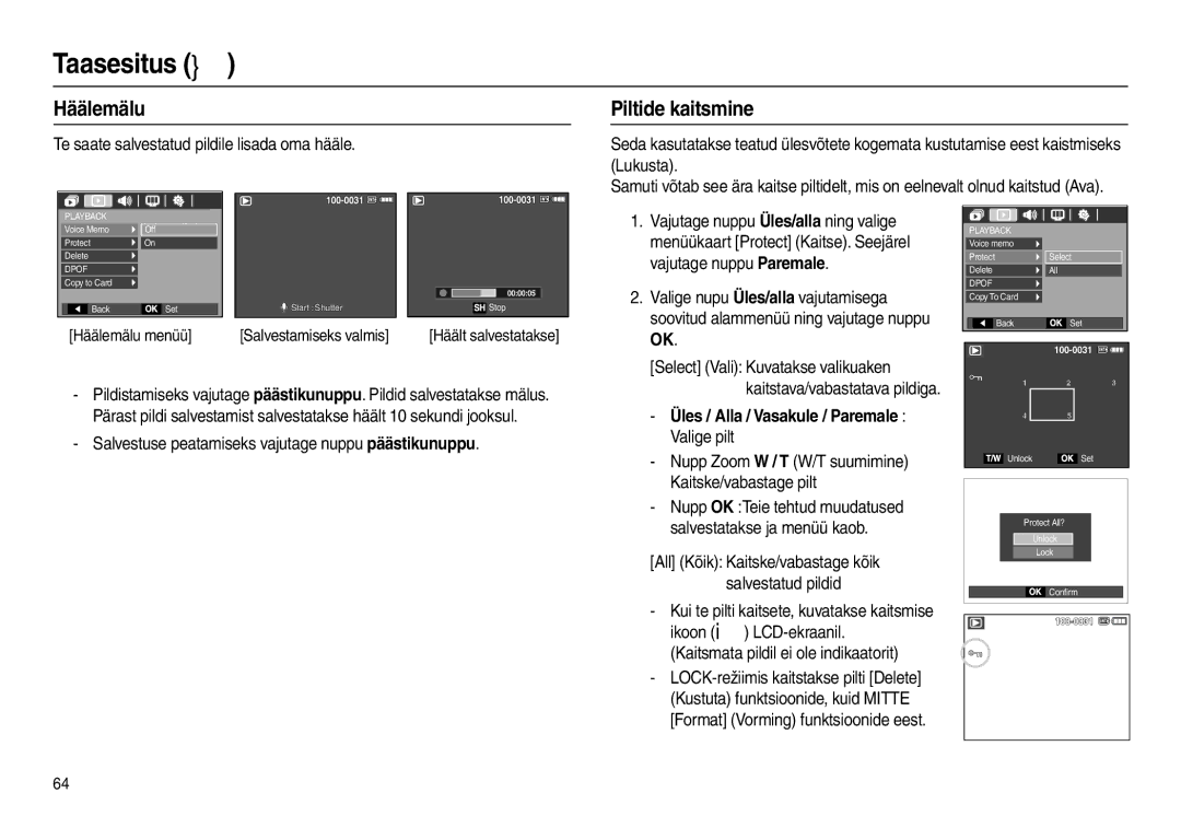 Samsung EC-L210ZSBA/LV, EC-L210ZSBA/RU, EC-L210ZBBA/LV, EC-L210ZRBA/RU manual Taasesitus , Häälemälu, Piltide kaitsmine 