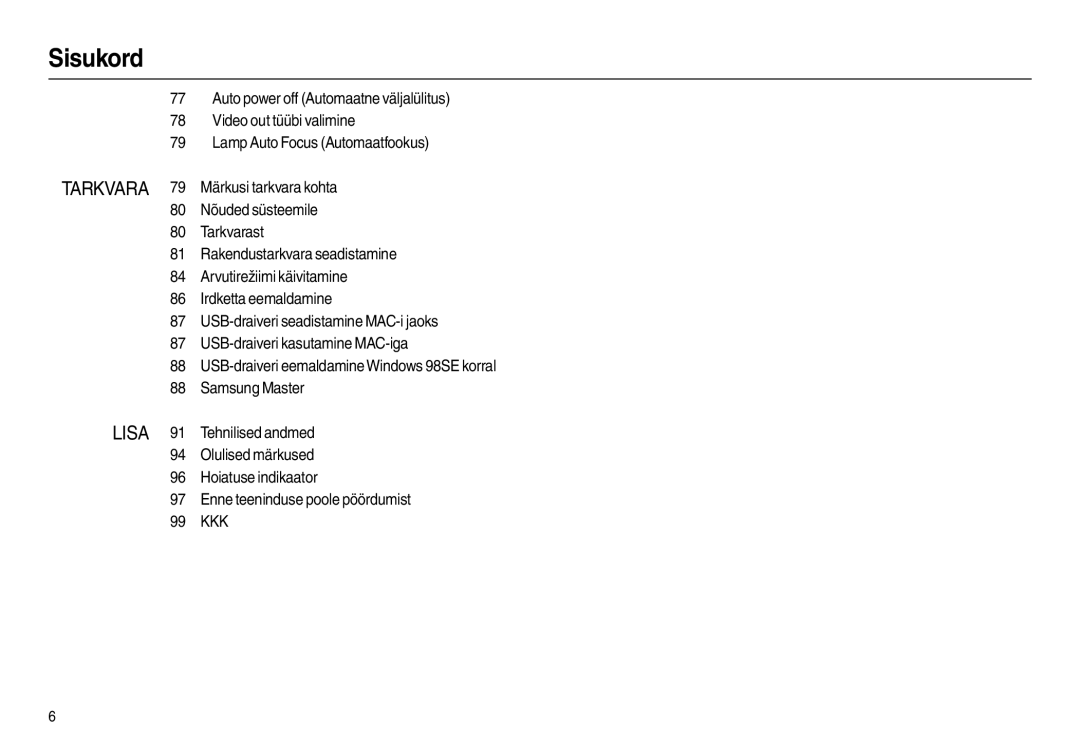 Samsung EC-L210ZBBA/LV, EC-L210ZSBA/RU, EC-L210ZRBA/RU, EC-L210ZBBA/RU, EC-L210ZRBA/LV, EC-L210ZSBA/LV manual Sisukord 