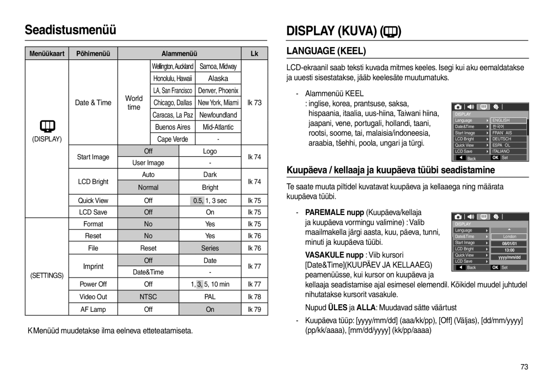 Samsung EC-L210ZRBA/RU Kuupäeva / kellaaja ja kuupäeva tüübi seadistamine, Alammenüü Keel, Paremale nupp Kuupäeva/kellaja 