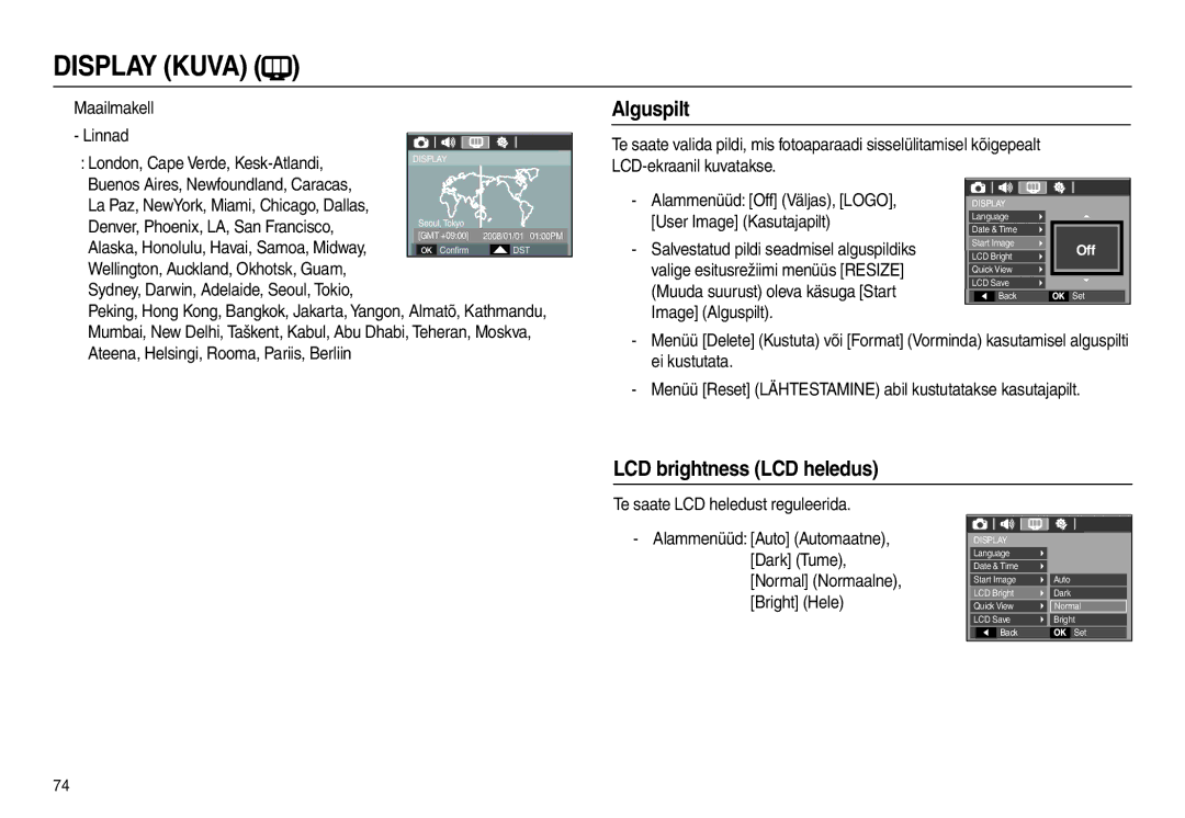 Samsung EC-L210ZBBA/RU, EC-L210ZSBA/RU manual Alguspilt, LCD brightness LCD heledus, Denver, Phoenix, LA, San Francisco 