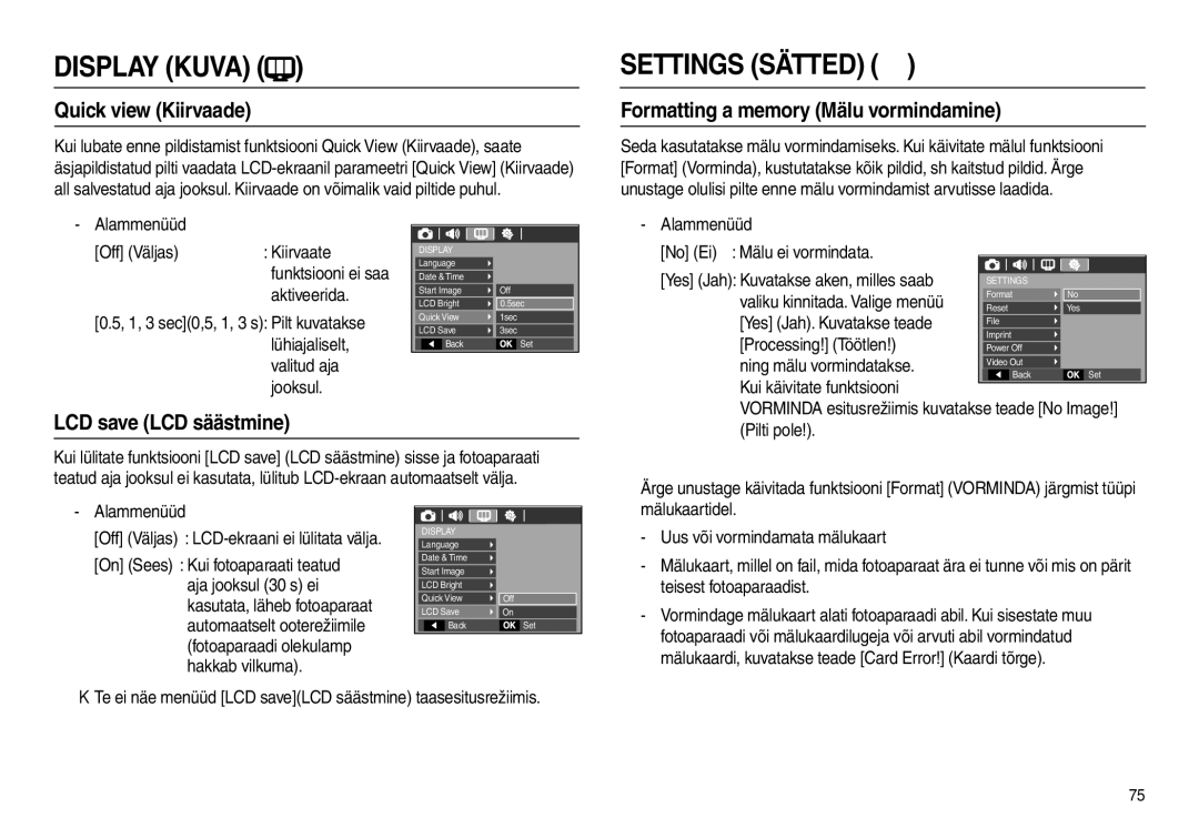 Samsung EC-L210ZRBA/LV, EC-L210ZSBA/RU Quick view Kiirvaade, Formatting a memory Mälu vormindamine, LCD save LCD säästmine 