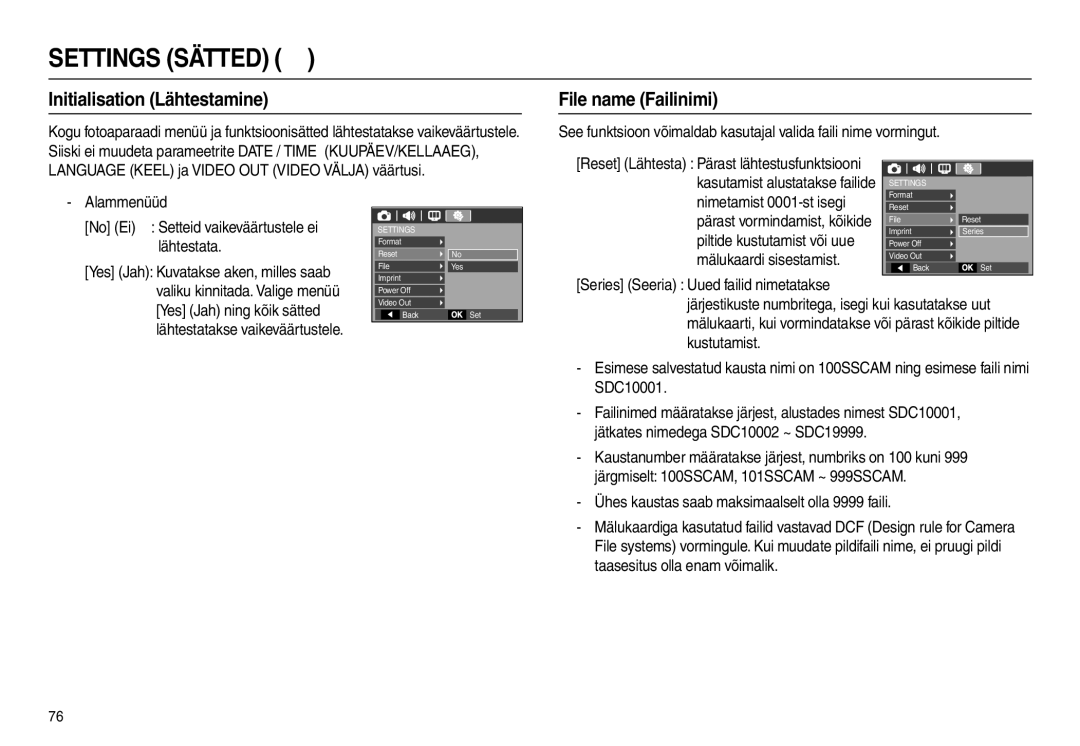 Samsung EC-L210ZSBA/LV manual Initialisation Lähtestamine, File name Failinimi, Reset Lähtesta Pärast lähtestusfunktsiooni 