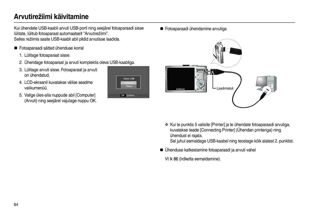 Samsung EC-L210ZBBA/LV, EC-L210ZSBA/RU manual Arvutirežiimi käivitamine, Valikumenüü, „ Fotoaparaadi ühendamine arvutiga 