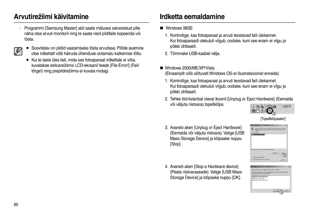 Samsung EC-L210ZBBA/RU, EC-L210ZSBA/RU, EC-L210ZBBA/LV manual Irdketta eemaldamine, Või väljuta riistvara topeltklõps 