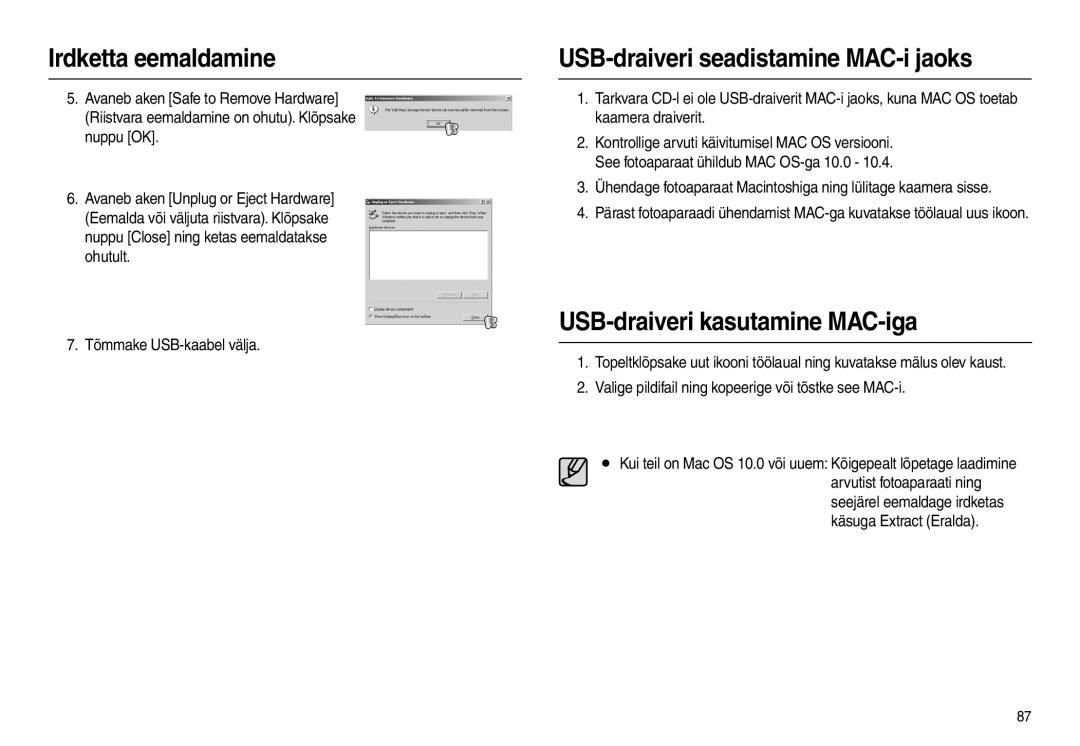 Samsung EC-L210ZRBA/LV, EC-L210ZSBA/RU manual USB-draiveri seadistamine MAC-i jaoks, USB-draiveri kasutamine MAC-iga 