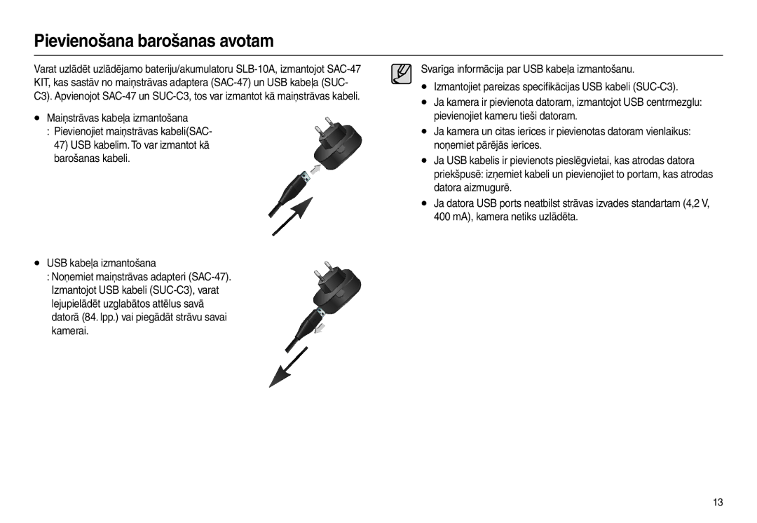 Samsung EC-L210ZRBA/RU, EC-L210ZSBA/RU, EC-L210ZBBA/LV, EC-L210ZBBA/RU, EC-L210ZRBA/LV manual Pievienošana barošanas avotam 