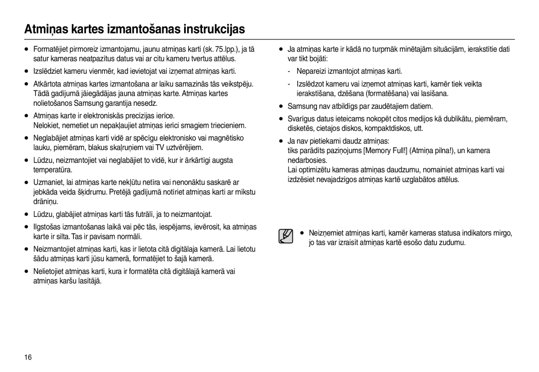 Samsung EC-L210ZSBA/LV manual Atmiņas kartes izmantošanas instrukcijas, Atmiņas karte ir elektroniskās precīzijas ierīce 