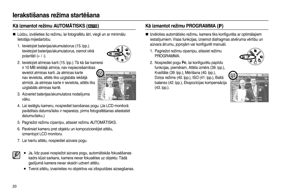 Samsung EC-L210ZBBA/RU manual Ierakstīšanas režīma startēšana, Kā izmantot režīmu Automātisks, Kā izmantot režīmu Programma 