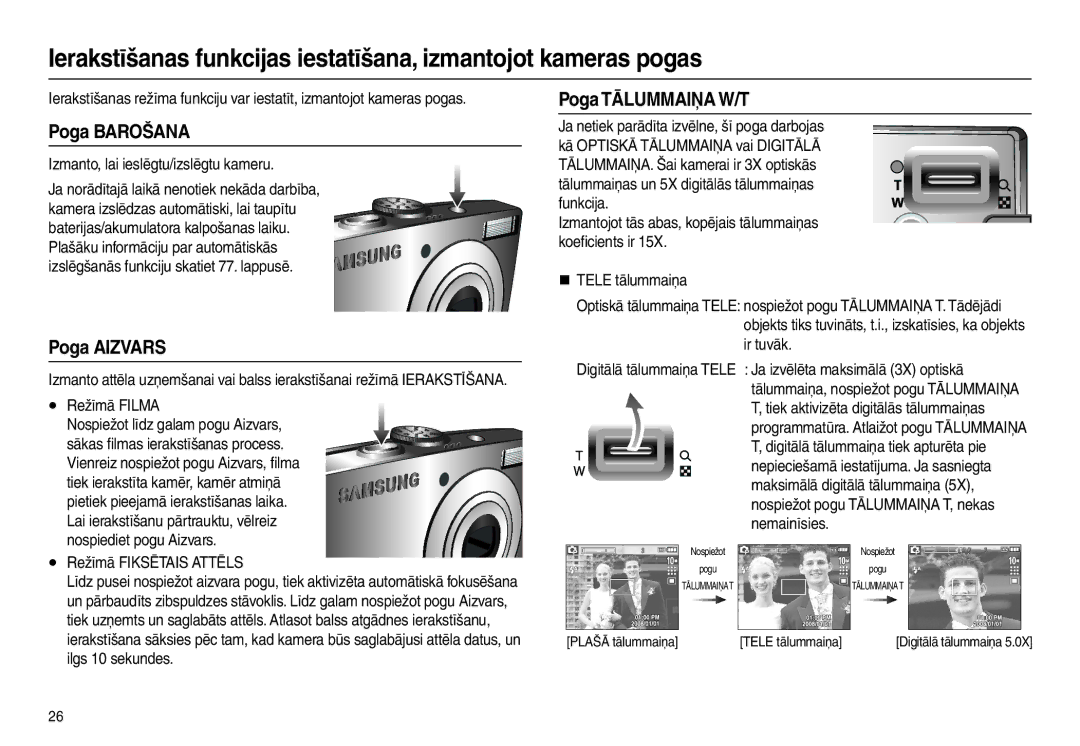 Samsung EC-L210ZBBA/RU, EC-L210ZSBA/RU, EC-L210ZBBA/LV, EC-L210ZRBA/RU manual Poga Barošana, Poga Aizvars, Poga Tālummaiņa W/T 