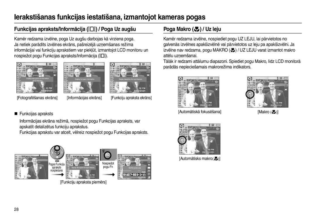 Samsung EC-L210ZSBA/LV, EC-L210ZSBA/RU manual Funkcijas apraksts/Informācija  / Poga Uz augšu, Poga Makro  / Uz leju 