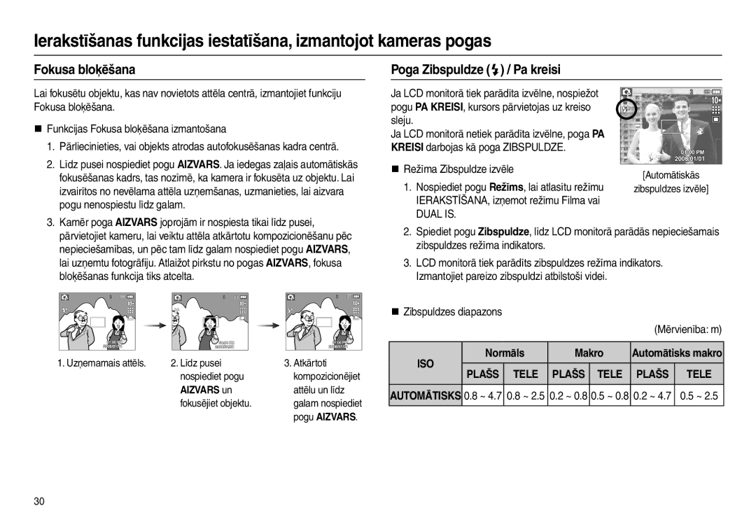 Samsung EC-L210ZBBA/LV, EC-L210ZSBA/RU, EC-L210ZRBA/RU manual Fokusa bloķēšana Poga Zibspuldze  / Pa kreisi, Normāls Makro 