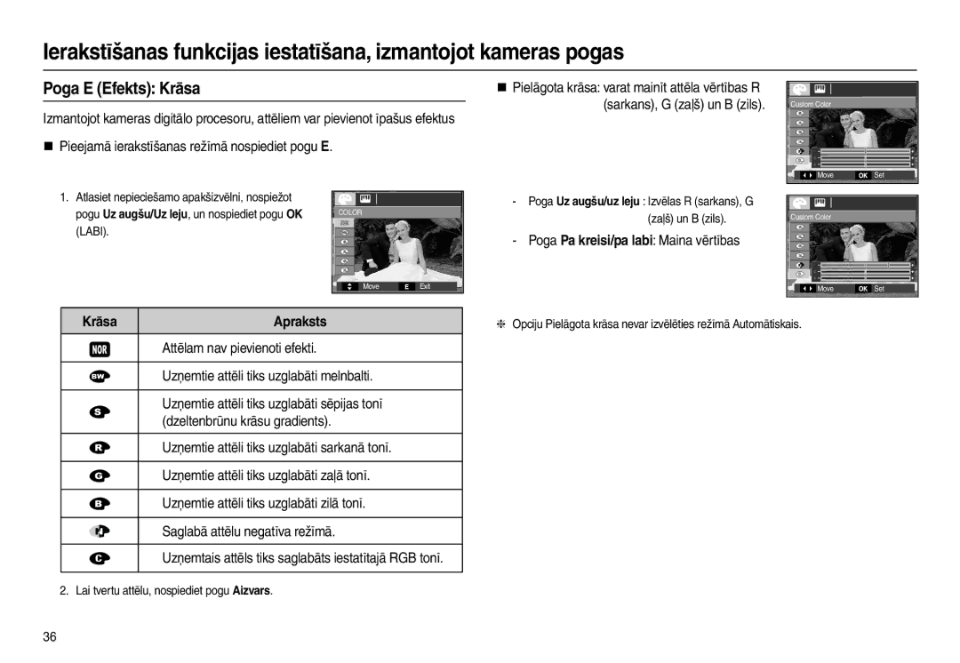 Samsung EC-L210ZBBA/LV manual Poga E Efekts Krāsa, „ Pieejamā ierakstīšanas režīmā nospiediet pogu E, Zaļš un B zils 