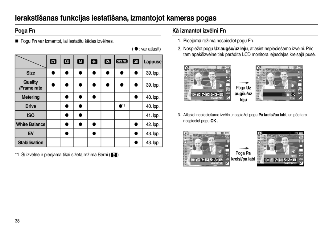 Samsung EC-L210ZBBA/RU manual Poga Fn, Kā izmantot izvēlni Fn, Šī izvēlne ir pieejama tikai sižeta režīmā Bērni , Poga Uz 