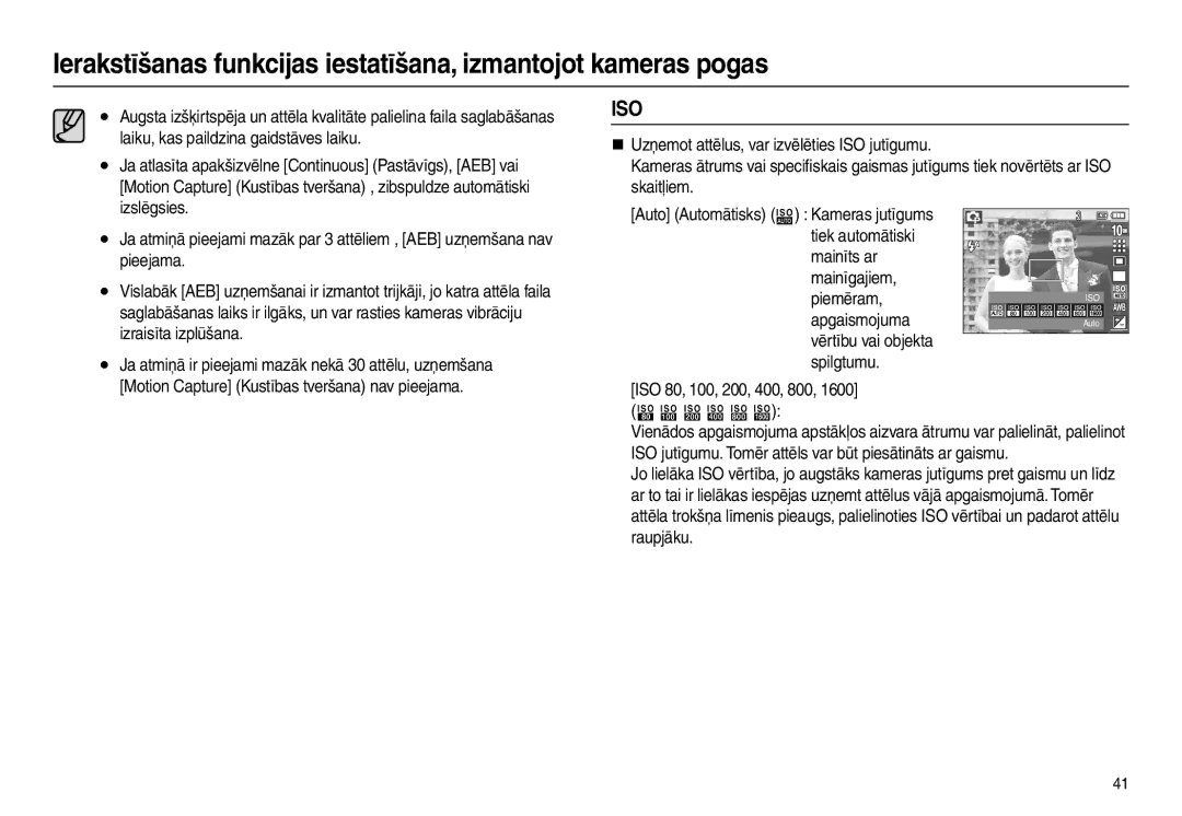 Samsung EC-L210ZSBA/RU, EC-L210ZBBA/LV, EC-L210ZRBA/RU, EC-L210ZBBA/RU, EC-L210ZRBA/LV, EC-L210ZSBA/LV manual Iso, Apgaismojuma 