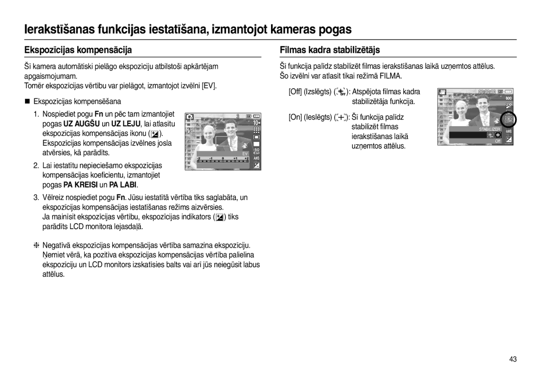 Samsung EC-L210ZRBA/RU manual Ekspozīcijas kompensācija, Filmas kadra stabilizētājs, Ierakstīšanas laikā, Uzņemtos attēlus 