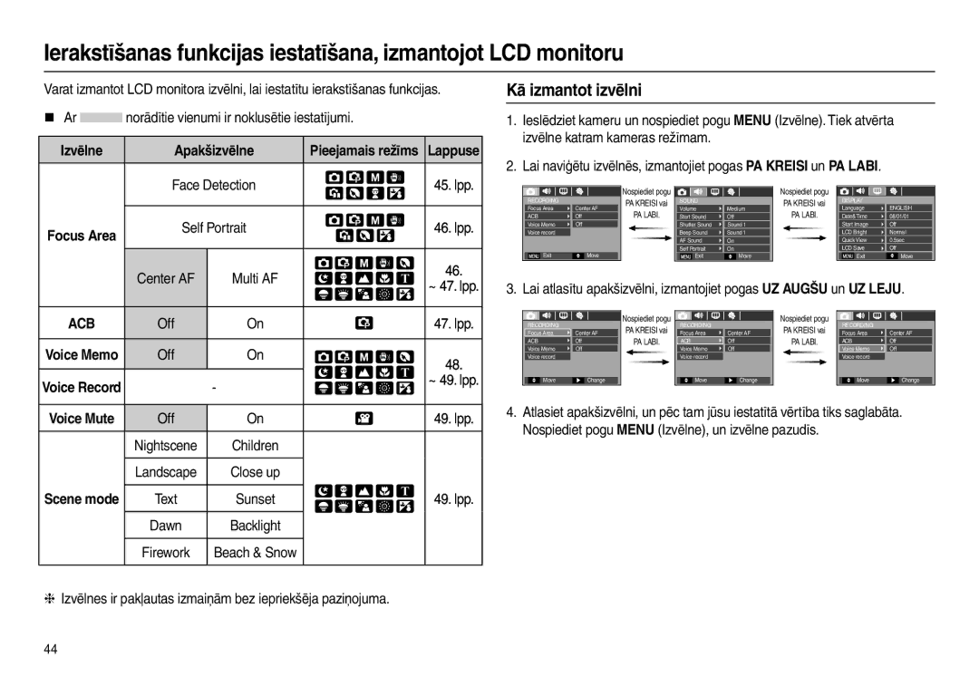 Samsung EC-L210ZBBA/RU, EC-L210ZSBA/RU, EC-L210ZBBA/LV, EC-L210ZRBA/RU, EC-L210ZRBA/LV, EC-L210ZSBA/LV Kā izmantot izvēlni 