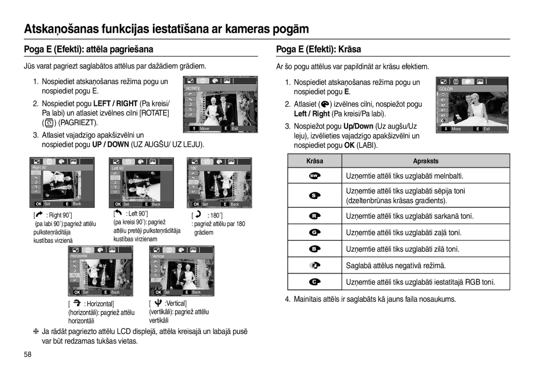 Samsung EC-L210ZSBA/LV, EC-L210ZSBA/RU Poga E Efekti attēla pagriešana Poga E Efekti Krāsa, Nospiediet pogu E,  Pagriezt 