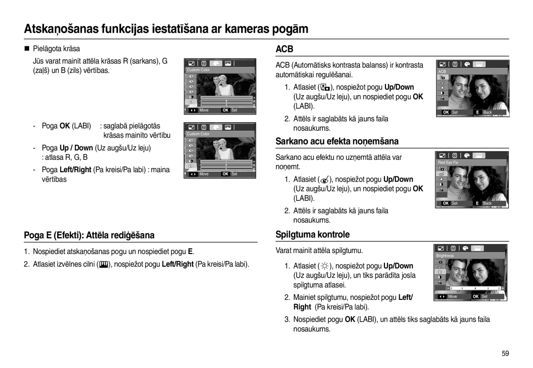 Samsung EC-L210ZSBA/RU, EC-L210ZBBA/LV Sarkano acu efekta noņemšana, Poga E Efekti Attēla rediģēšana Spilgtuma kontrole 