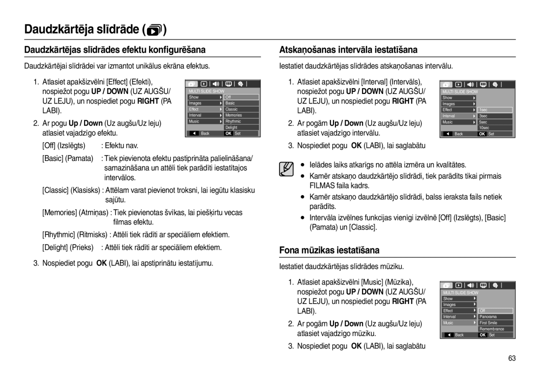 Samsung EC-L210ZRBA/LV, EC-L210ZSBA/RU Daudzkārtējas slīdrādes efektu konﬁgurēšana, Atskaņošanas intervāla iestatīšana 