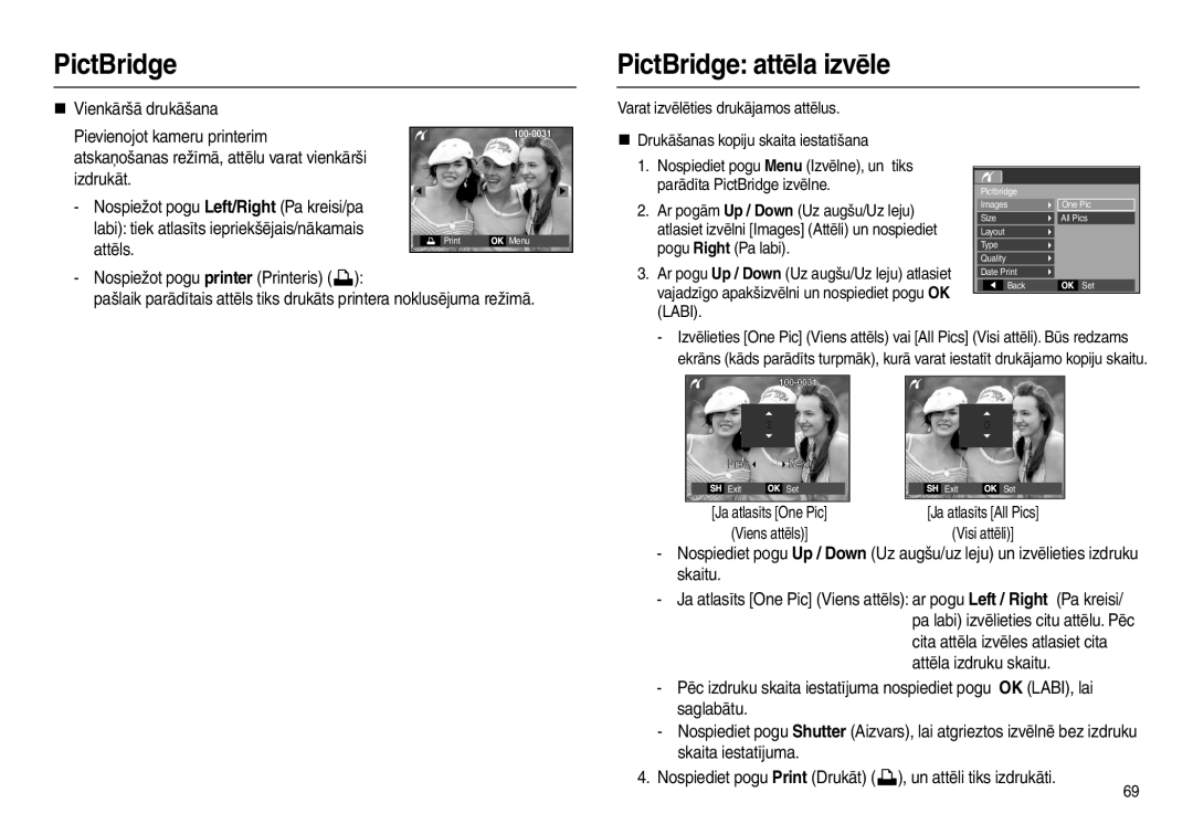 Samsung EC-L210ZRBA/LV manual PictBridge PictBridge attēla izvēle, Parādīta PictBridge izvēlne, Pogu Right Pa labi 