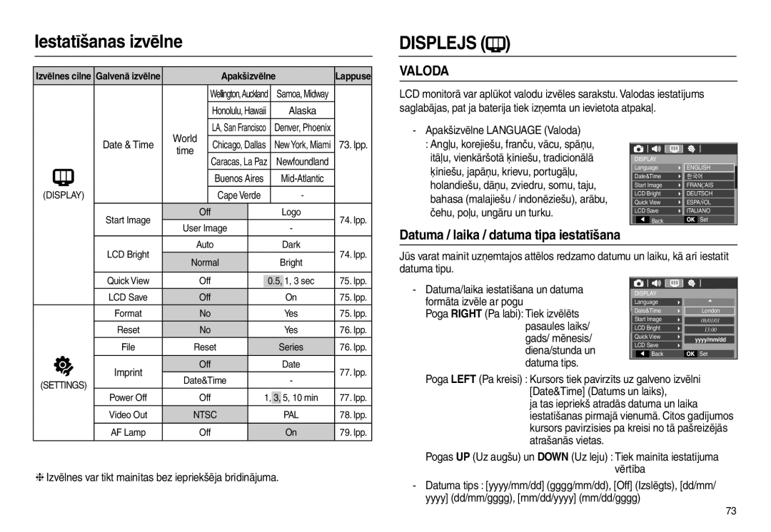 Samsung EC-L210ZRBA/RU, EC-L210ZSBA/RU manual Datuma / laika / datuma tipa iestatīšana, Apakšizvēlne Language Valoda 