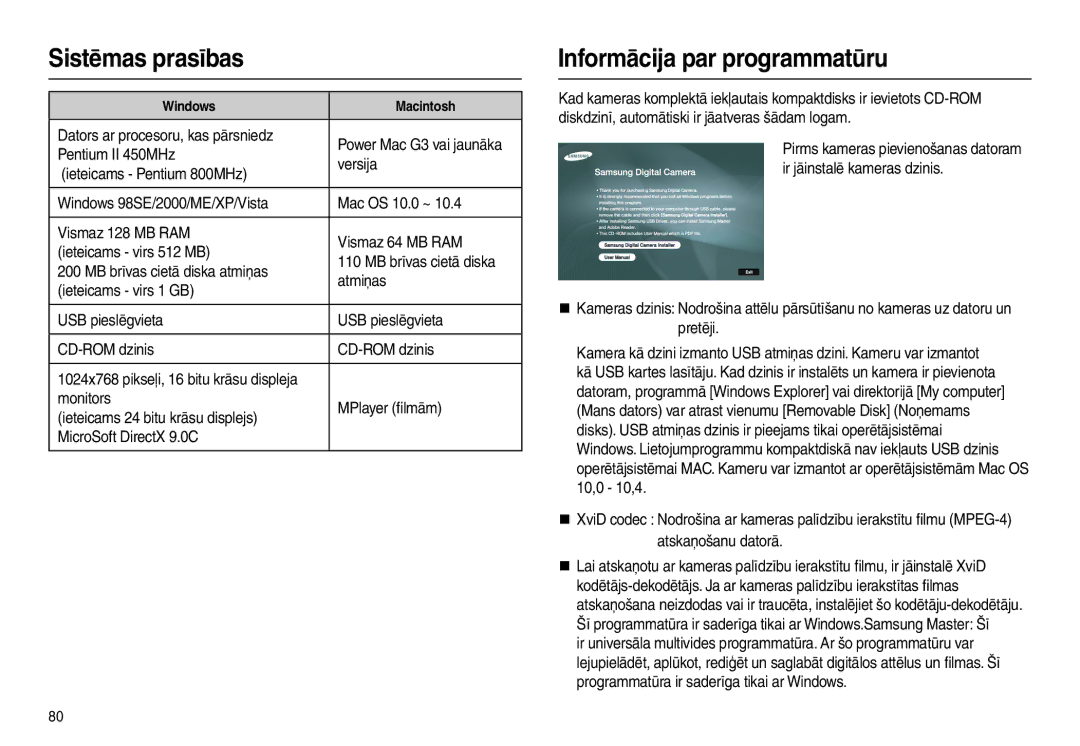 Samsung EC-L210ZBBA/RU, EC-L210ZSBA/RU, EC-L210ZBBA/LV, EC-L210ZRBA/RU manual Sistēmas prasības, Informācija par programmatūru 